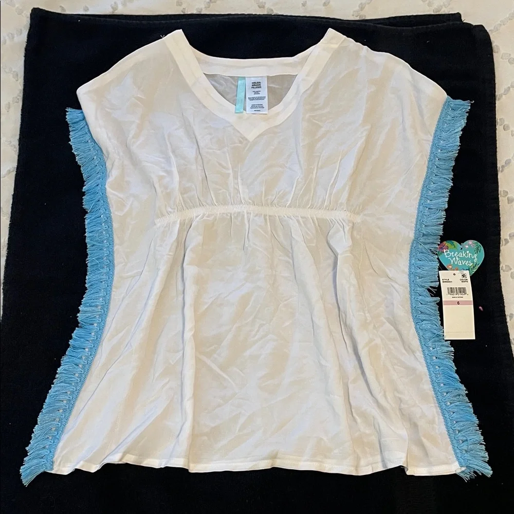 Kids White and Blue Swim Coverup Breaking Waves nwt fringe size 6